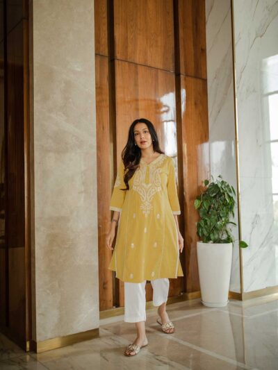 Mustard Phool Collection Kurta with Rice Stitch Embroidery