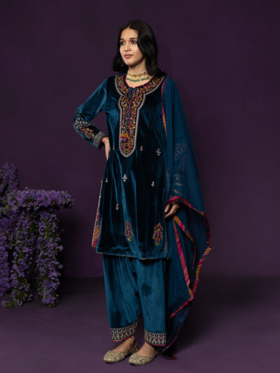 Keyari Teal Embroidered Velvet Salwar Suit Set with Dupatta