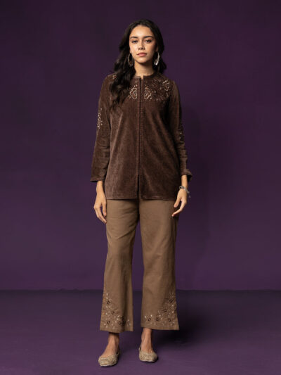 Niva Brown Embroidered Velvet Top
