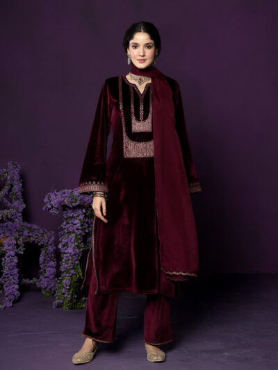 Fareen Maroon Embroidered Velvet Suit Set with Dupatta