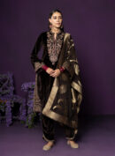 Eshira Brown Embroidered Velvet Suit Set with Banarasi Dupatta