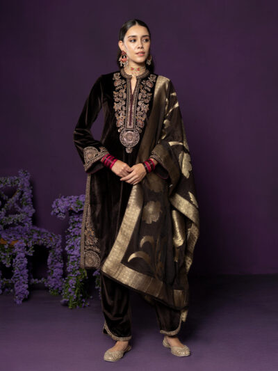 Eshira Brown Embroidered Velvet Suit Set with Banarasi Dupatta