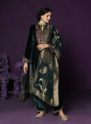 Eshira Emerald Green Embroidered Velvet Suit Set with Banarasi Dupatta