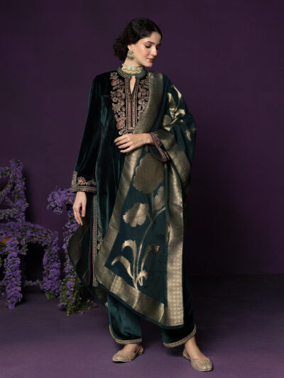 Eshira Emerald Green Embroidered Velvet Suit Set with Banarasi Dupatta
