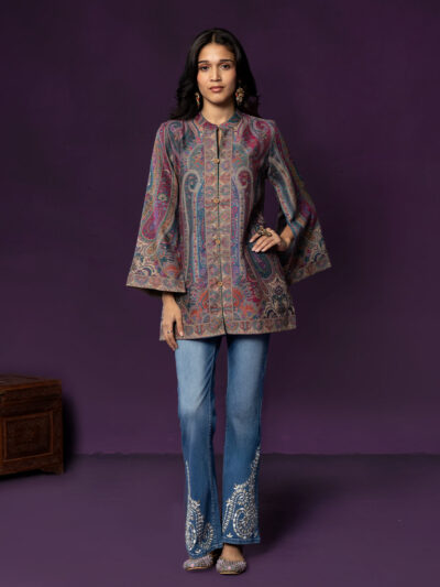 Meher Teal Jamawar Cape Jacket