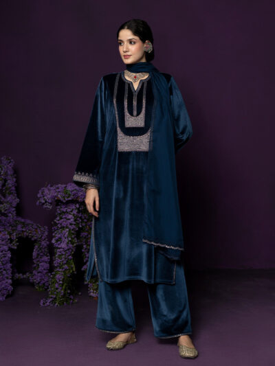 Fareen Teal Embroidered Velvet Suit Set with Dupatta