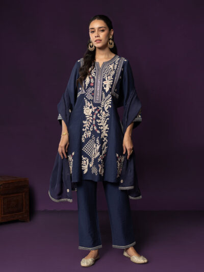 Aarvi Navy Floral Embroidered Suit Set with Dupatta