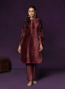 Iravya Maroon Embroidered Velvet Co-ord Set