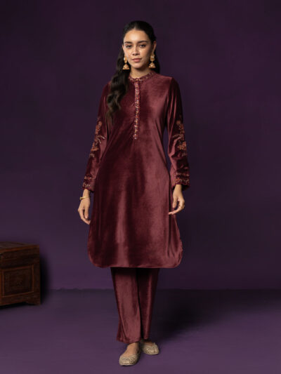 Iravya Maroon Embroidered Velvet Co-ord Set