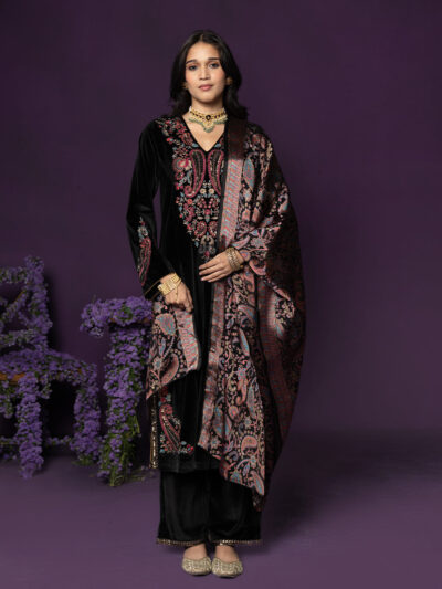 Navya Black Embroidered Velvet Suit Set with Brasso Dupatta