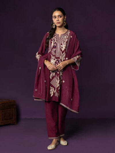 Aarvi Wine Floral Embroidered Suit Set with Dupatta