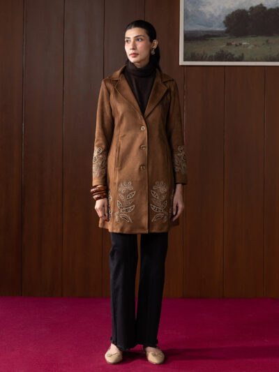 Calisse Camel Beige Embroidered Suede Coat