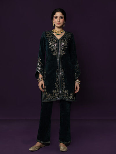Paro Green Resham Embroidred Velvet Long Co-ord Set