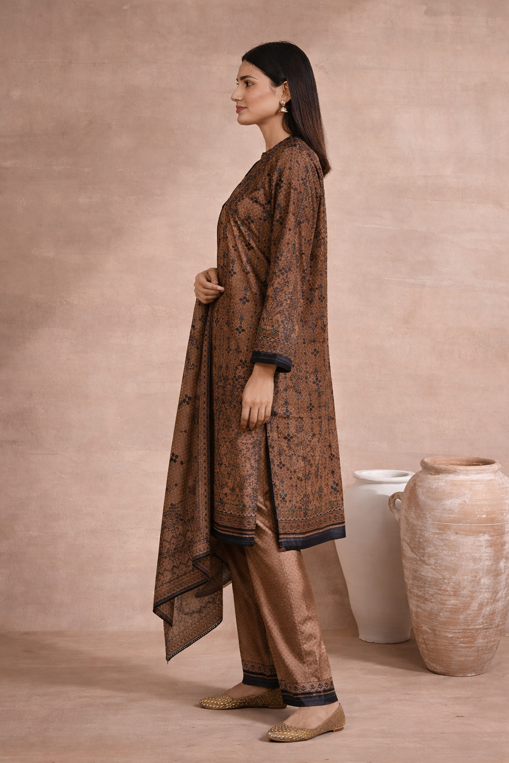 Mustard Ethnic Printed Velvet 3 Piece Kurta Set - Image 2