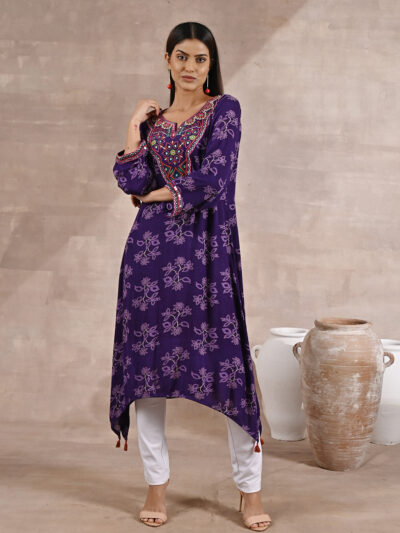 Purple Floral Print Dhaage Collection Kurta With Embroidery