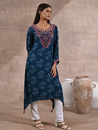 Teal Floral Print Dhaage Collection Kurta With Embroidery