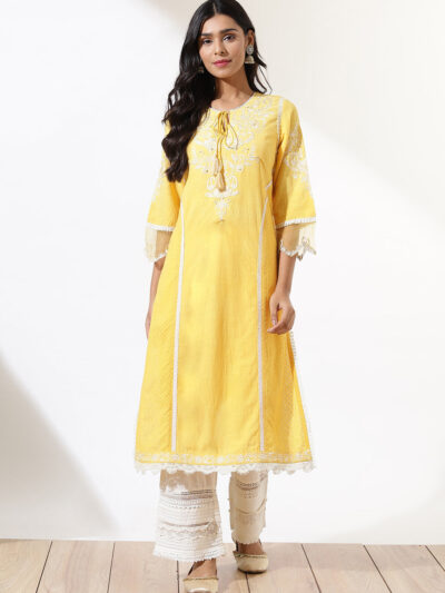 Yellow Alora Collection Kurta With Embroidery And Lace Detailing