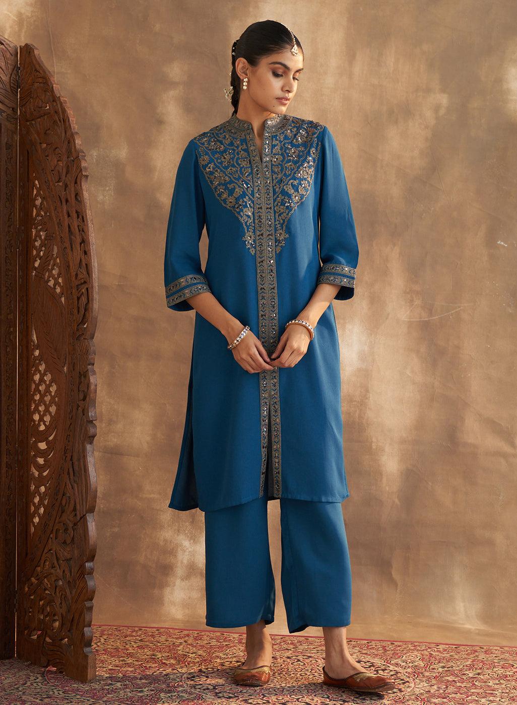 D.Teal Kurta Set With Intricate Embroidery & Front Slit