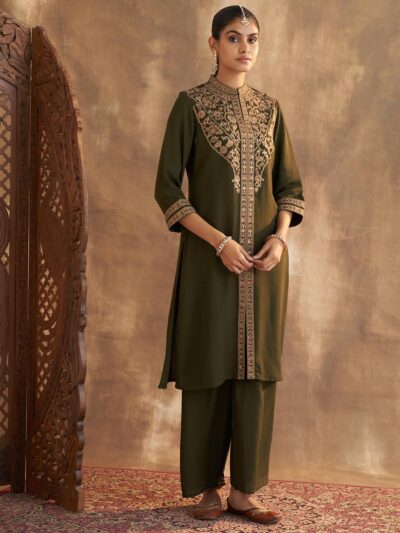 Olive Kurta Set With Intricate Embroidery & Front Slit