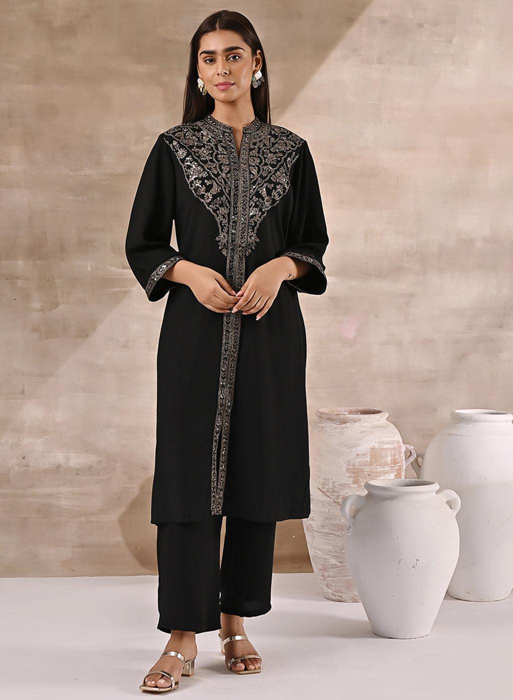 Black Kurta Set With Intricate Embroidery & Front Slit