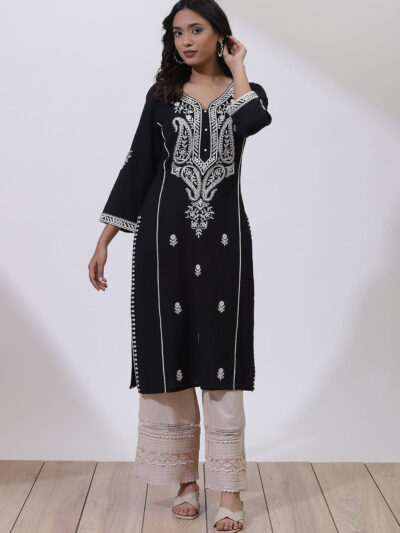 Black Phool Collection Kurta with Rice Stitch Embroidery