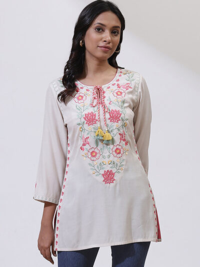 White Phool Collection Kurti With Multi-Colour Embroidery