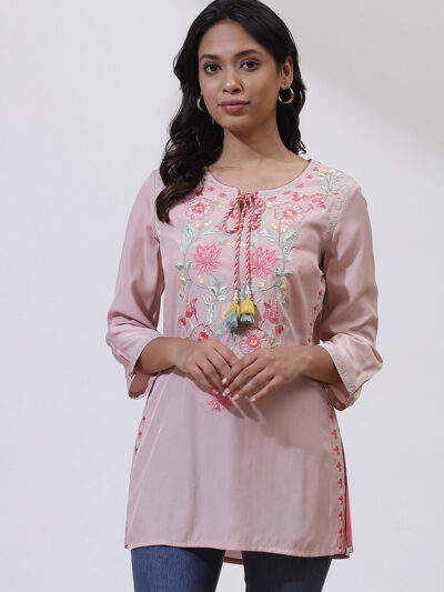 Peach Phool Collection Kurti With Multi-Colour Embroidery