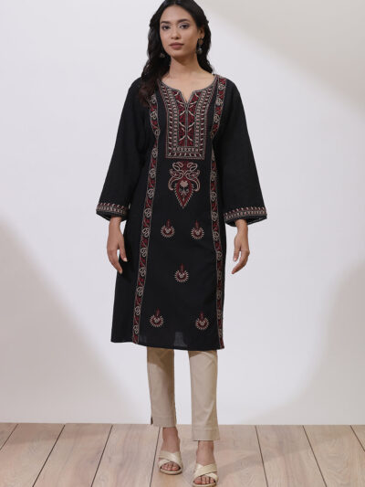 Charcoal Black Embroidered Nargis Kurta Set with Black Palazzo