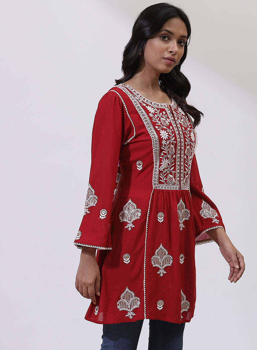 Cherry Red Nargis Collection Embroidered Tunic - Image 3