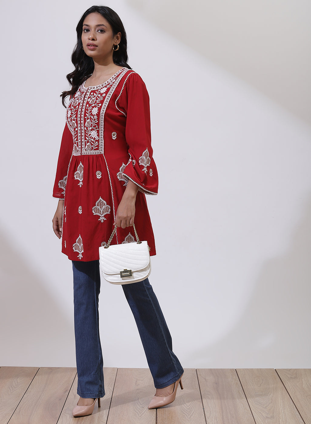 Cherry Red Nargis Collection Embroidered Tunic - Image 5