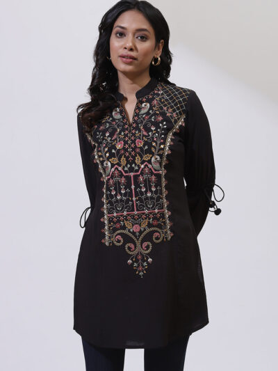 Charcoal Black Embroidered Nargis Kurti