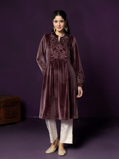 Marya Pink Self-Embroidered Velvet A-line Kurta