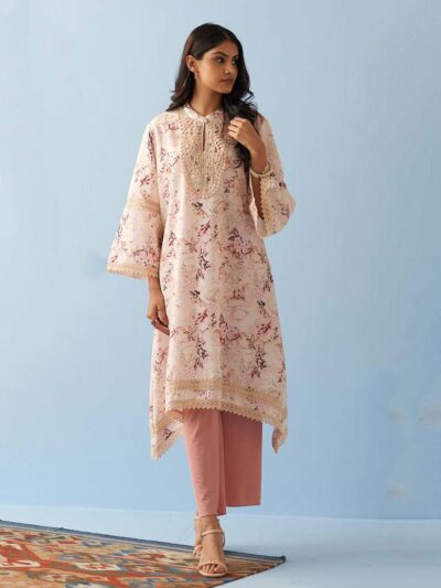 Yellow Floral Printed Loose Fit Kurta with Lace Inserts