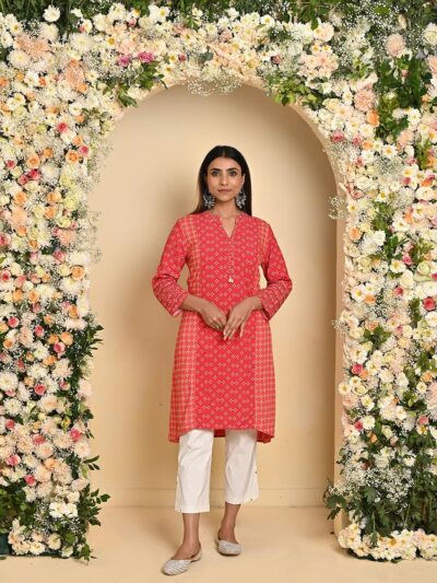 Orange Printed Kurta with Threadwork and 3/4th Sleeves