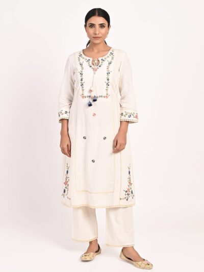 Ivory Embroidered Straight-fit Cotton Kurta Set