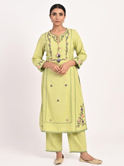 Green Embroidered Straight-fit Cotton Co-ord Set
