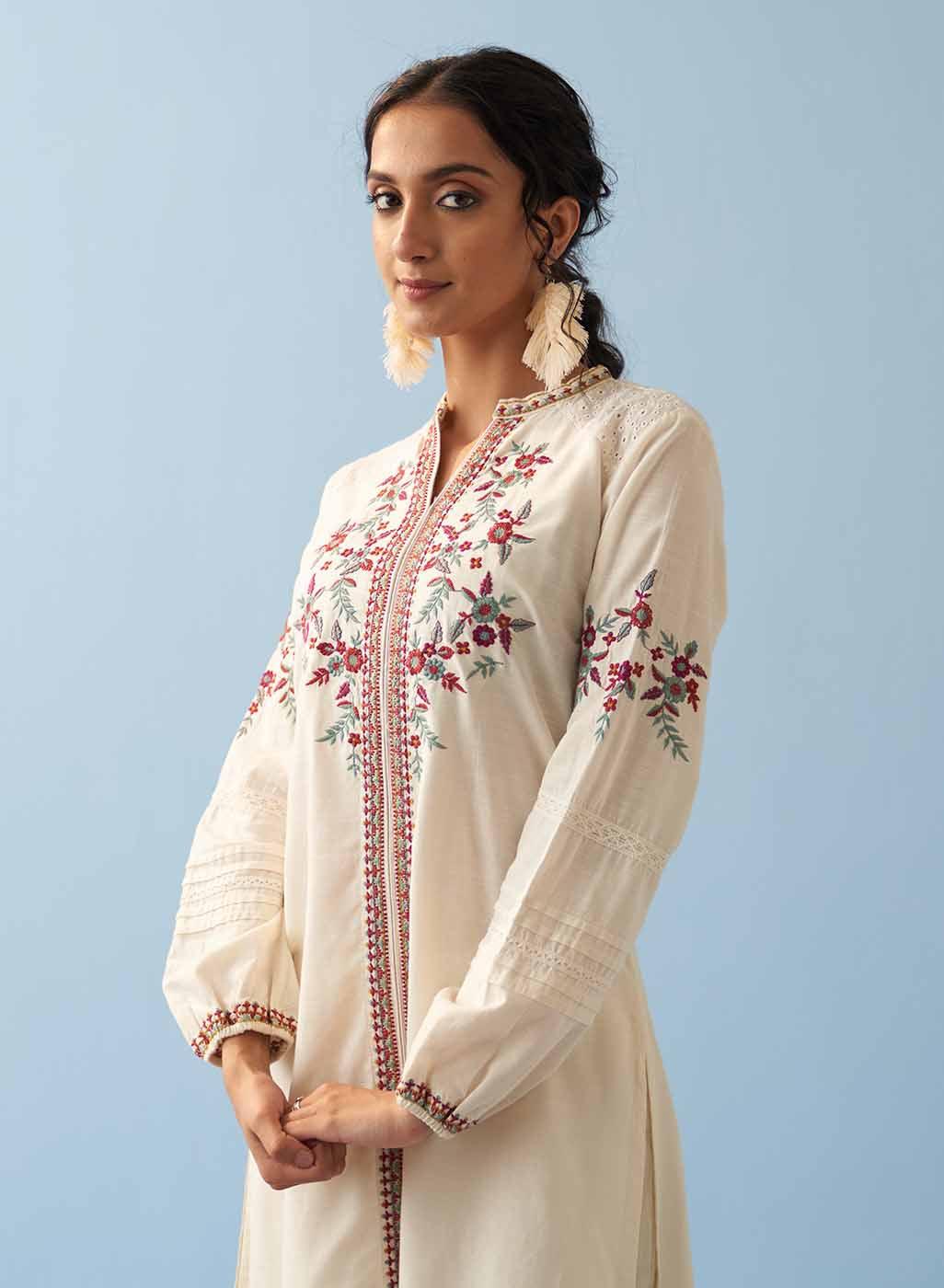 Ivory Embroidered Kurta for Women with Puffed Sleeves - Image 5