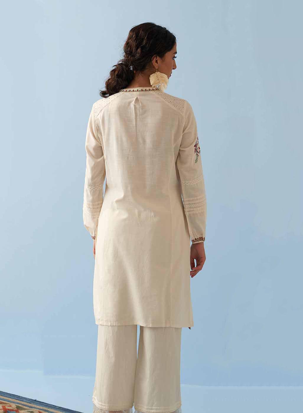 Ivory Embroidered Kurta for Women with Puffed Sleeves - Image 7