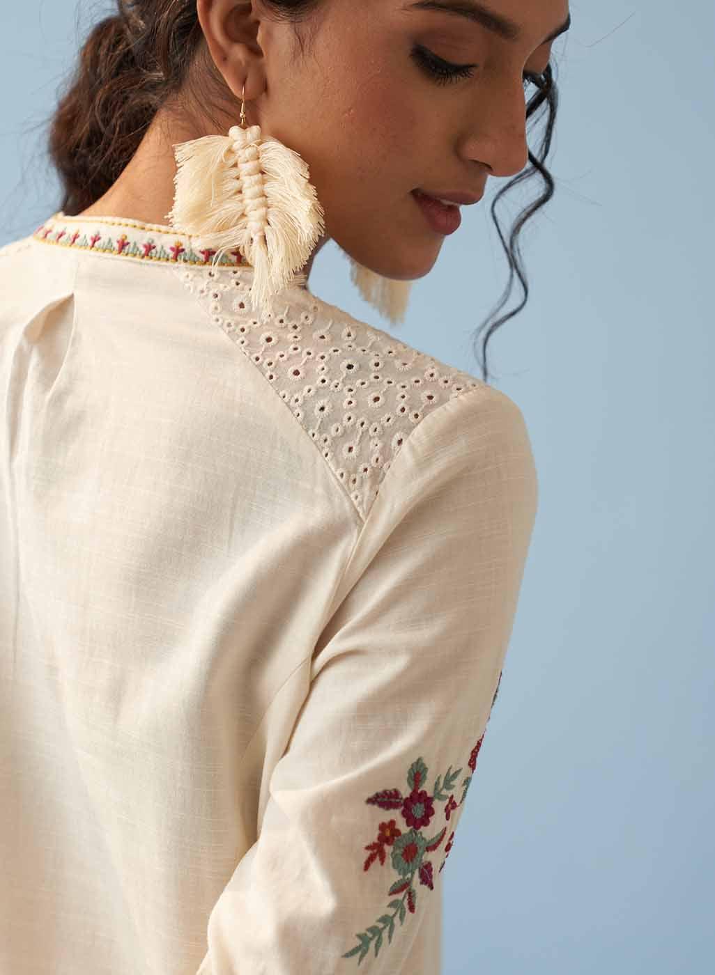 Ivory Embroidered Kurta for Women with Puffed Sleeves - Image 6