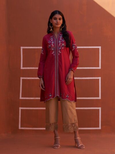 Pink Embroidered Kurta for Women with Puffed Sleeves
