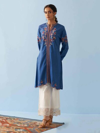 Classic Blue Embroidered Kurta for Women with Puffed Sleeves