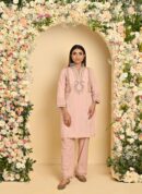 Nude Pink Schiffili Embroidered Cotton Co-ord Set with 3/4th Sleeves