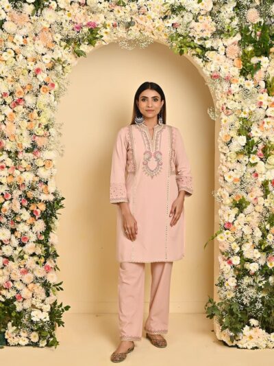 Nude Pink Schiffili Embroidered Cotton Co-ord Set with 3/4th Sleeves