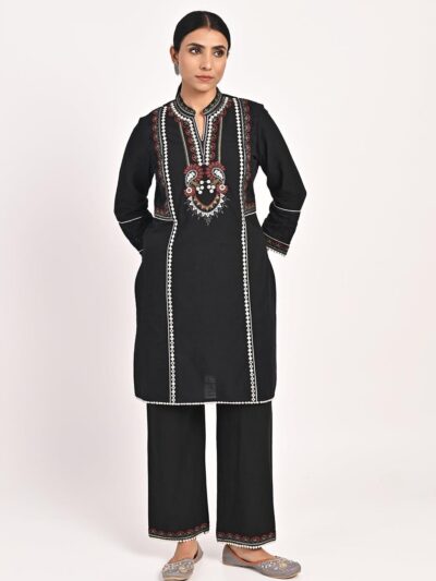 Black Schiffili Embroidered Cotton Co-ord Set with 3/4th Sleeves