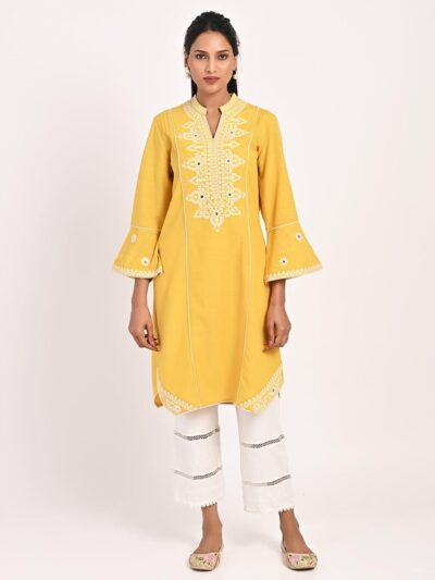 Yellow Mid-length Cotton Kurti for Women with Embroidery