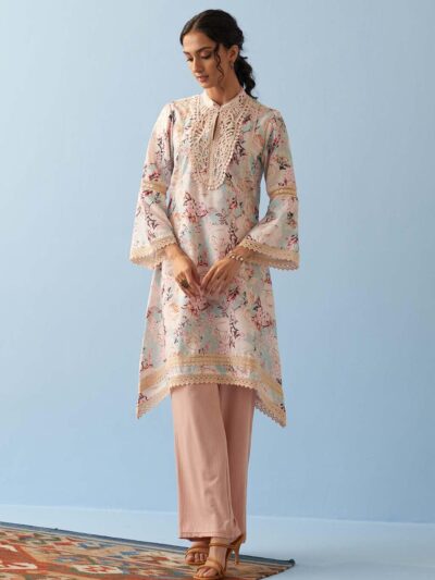Spa Blue Floral Printed Loose Fit Kurta with Lace Inserts