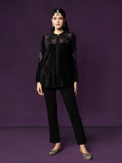 Niva Black Embroidered Velvet Top