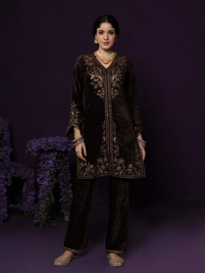 Paro Brown Resham Embroidred Velvet Long Co-ord Set
