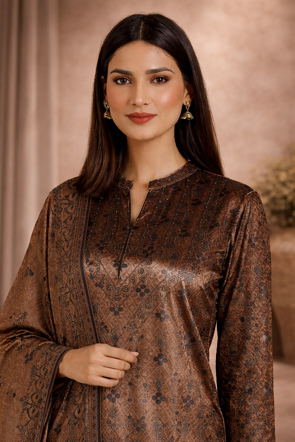 Mustard Ethnic Printed Velvet 3 Piece Kurta Set - Image 4