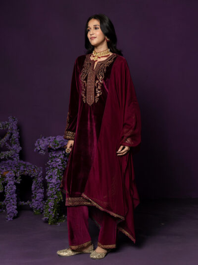 Zeenat Maroon Embroidered Velvet Suit Set with Dupatta